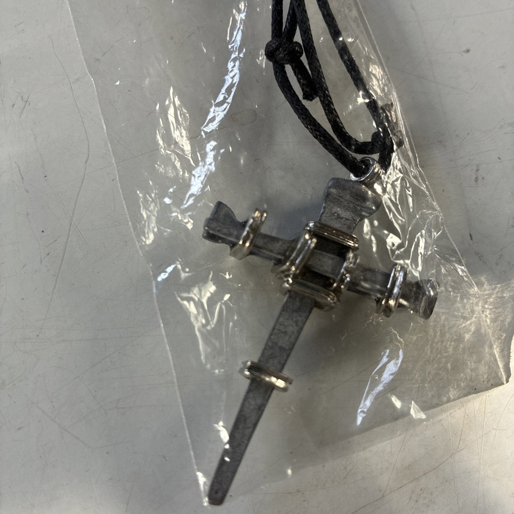 NWT Chain Silver-Christ Nail CROSS 2.5x1.5" Black Fabric Chain 26" Long
